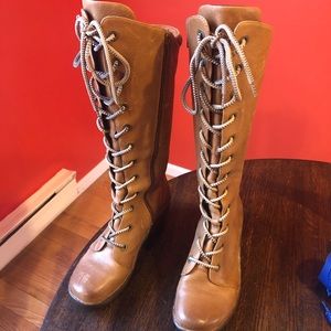 Genuine Leather Lace-Up Wedge heeled boot